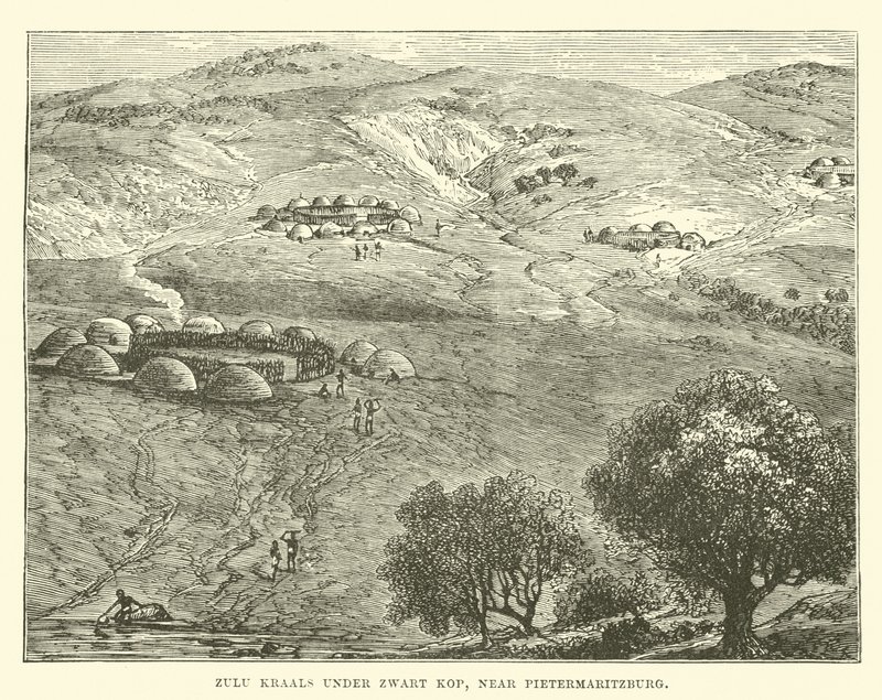 Zulu Kraals under Zwart Kop, nær Pietermaritzburg af English School