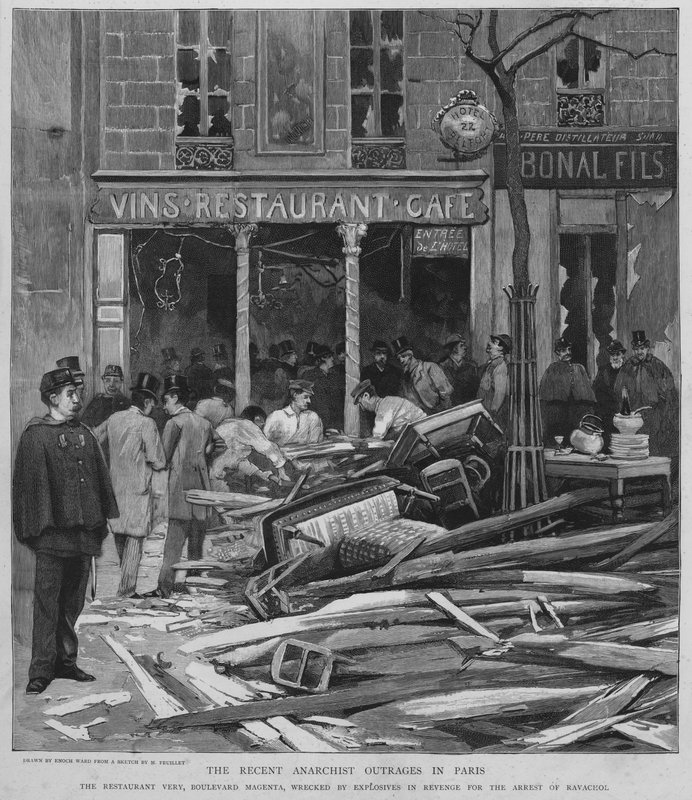 Anarkistisk terror i Paris: bombning af Restaurant Very på Boulevard de Magenta som hævn for arrestationen af Ravachol, 25. april 1892 (litho) af Enoch Ward