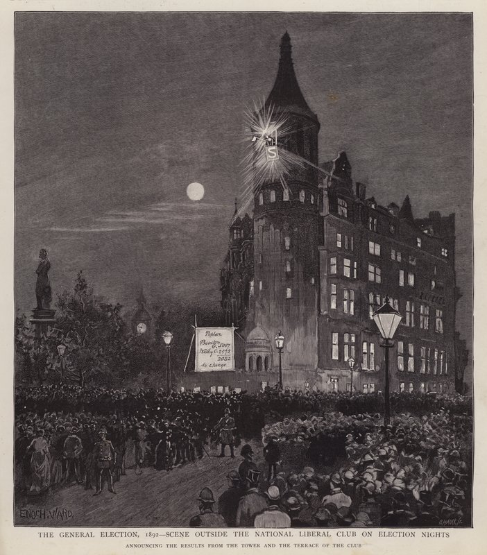Annoncering af resultaterne af 1892-generalforsamlingen fra Liberal Club, Westminster, London (litho) af Enoch Ward