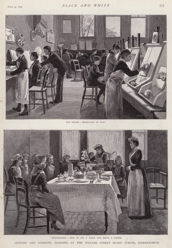Kunstnerisk og huslig træning på William Street Board School, Hammersmith, London (litho) af Enoch Ward