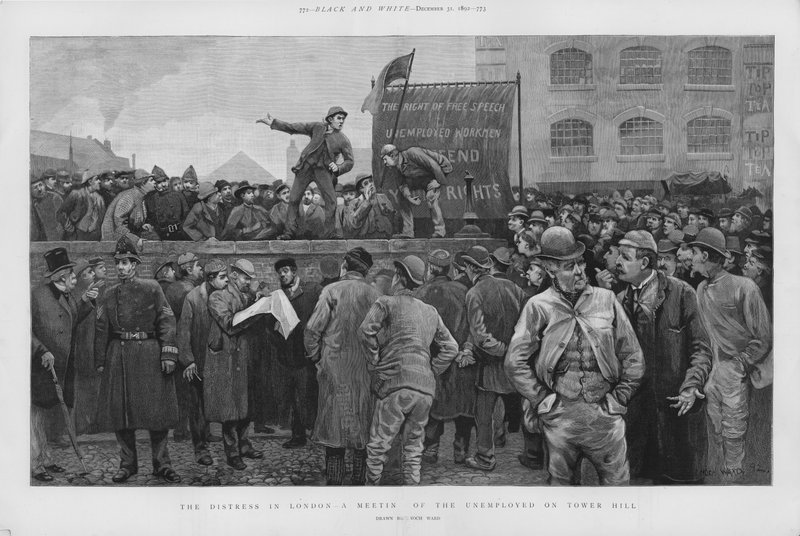 Møde med arbejdsløse arbejdere på Tower Hill, London (litho) af Enoch Ward