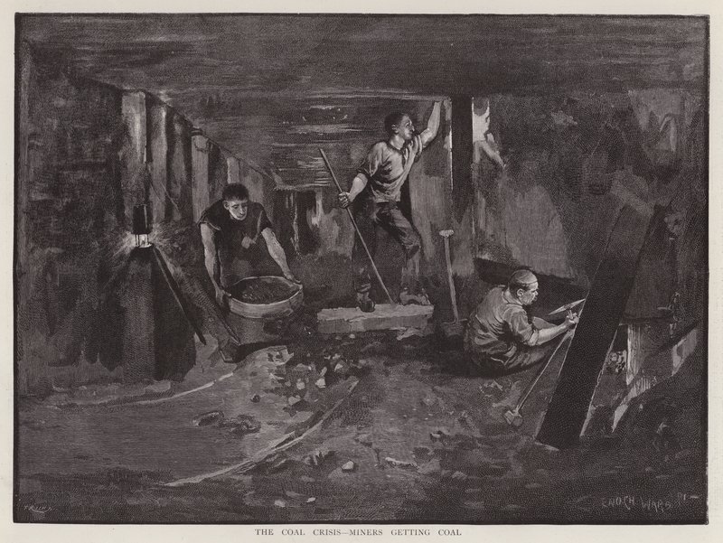 Minearbejdere, der arbejder under jorden ved kulfladen (litho) af Enoch Ward