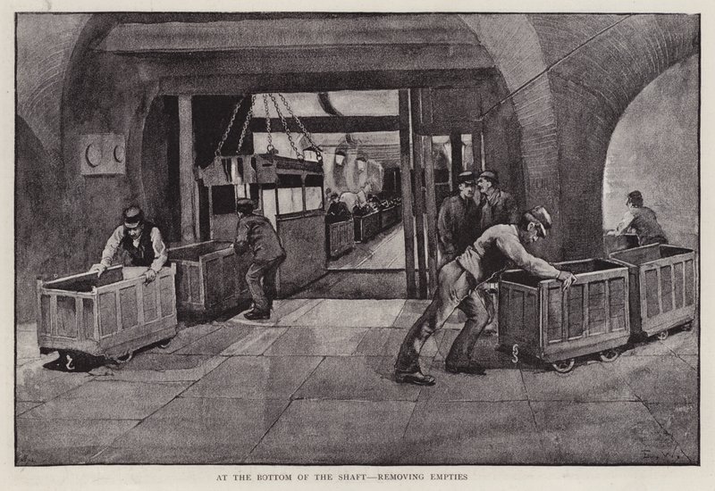 Fjernelse af tomme kullastbiler i bunden af en mineskakt (litho) af Enoch Ward