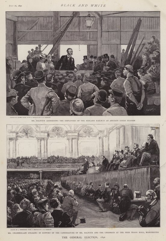 Scener fra den britiske valgkampagne i 1892 (litho) af Enoch Ward