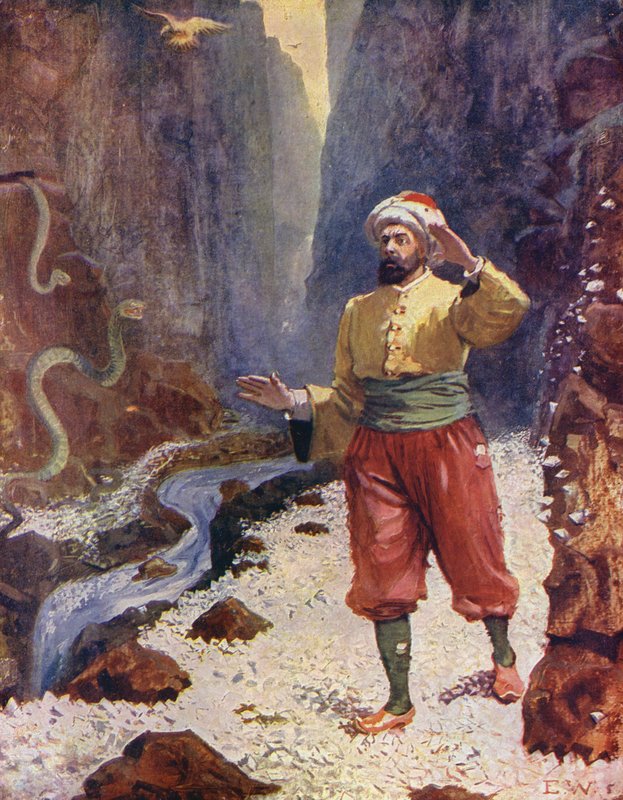 Sindbad i Diamanternes Dal (farvelitografi) af Enoch Ward