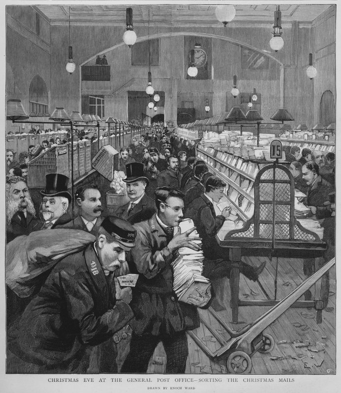 Sortering af juleposten på General Post Office, London, juleaften af Enoch Ward