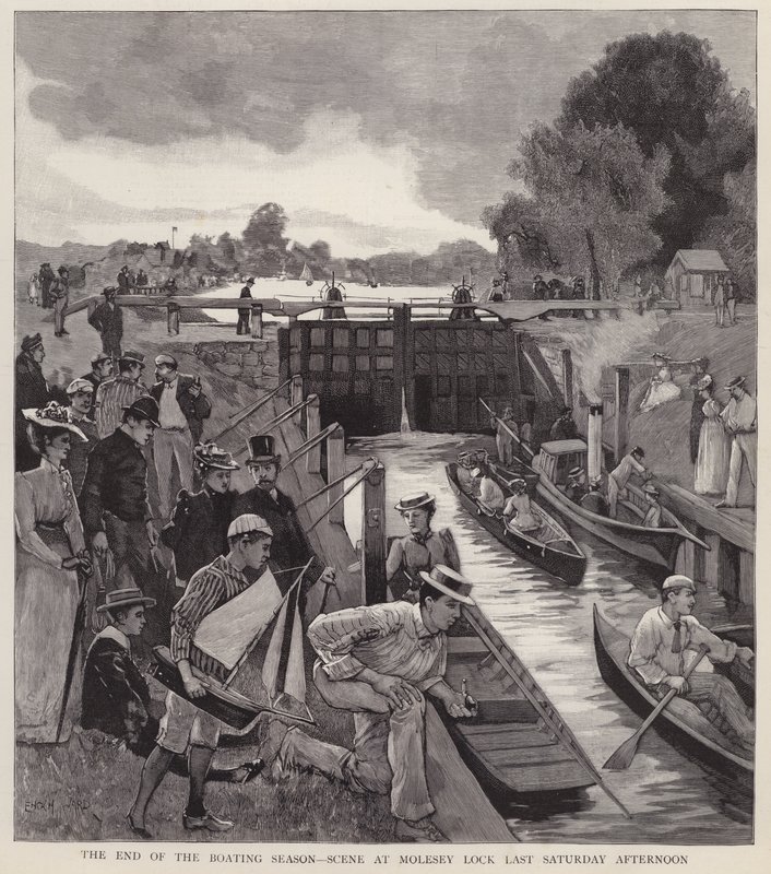 Slutningen af sejlsportssæsonen: scene ved Molesey Lock ved Themsen, Surrey (litho) af Enoch Ward