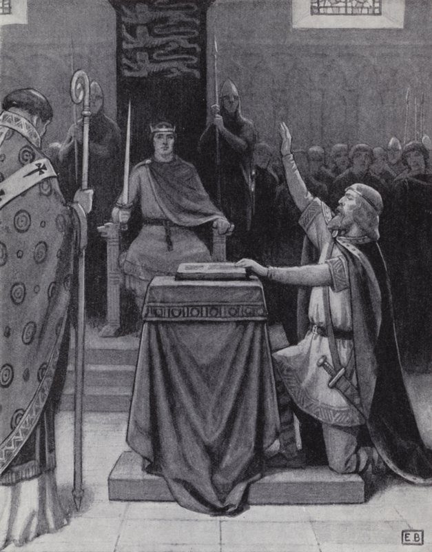 Harold Godwinson sværger en ed på hellige relikvier for at støtte William, hertugen af Normandiets krav på den engelske trone (litho) af Ernest (after) Board