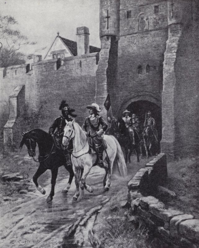 Oliver Cromwell med sin hær i Bootham Bar, York, da Charles II forsøgte at generobre tronen i 1650 (litho) af Ernest (after) Crofts