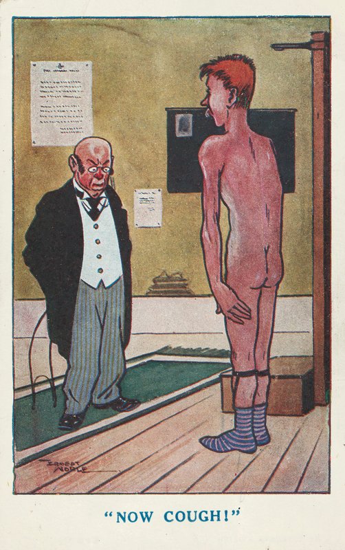 Læge beder en nøgen mand om at hoste under en lægeundersøgelse (farve litho) af Ernest (after) Noble