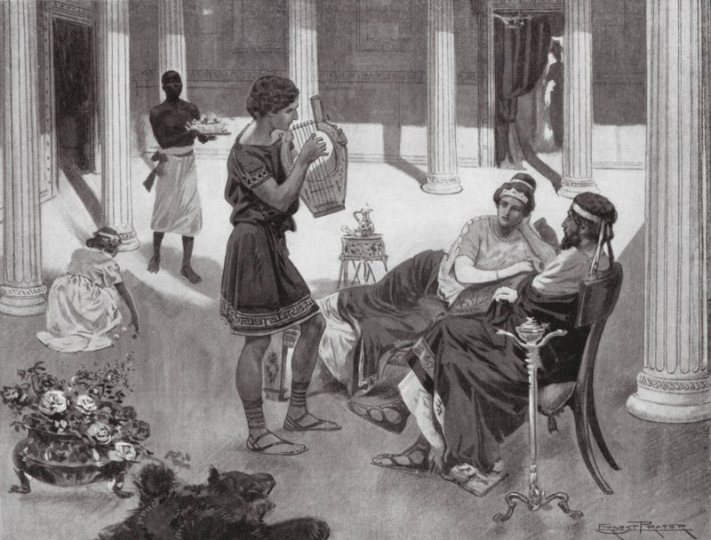 Interiøret i et græsk hus, 4. århundrede f.Kr (litografi) af Ernest (after) Prater