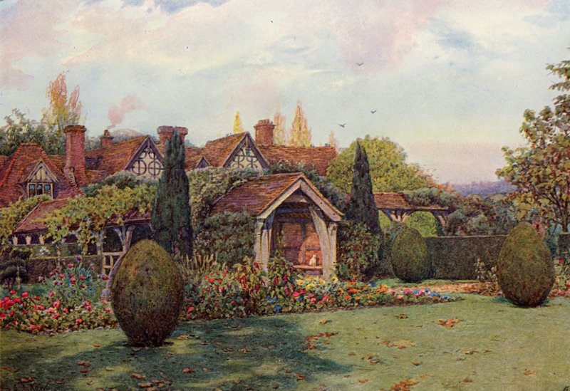 Great Tangley Manor, Surrey (farve litho) af Ernest Arthur Rowe