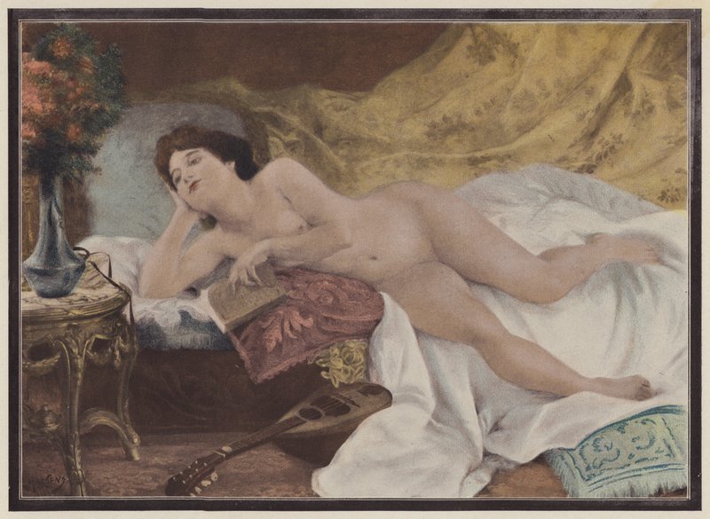 Den sidste side af romanen, kvinde læser (farve litho) af Ernest Edouard Martens