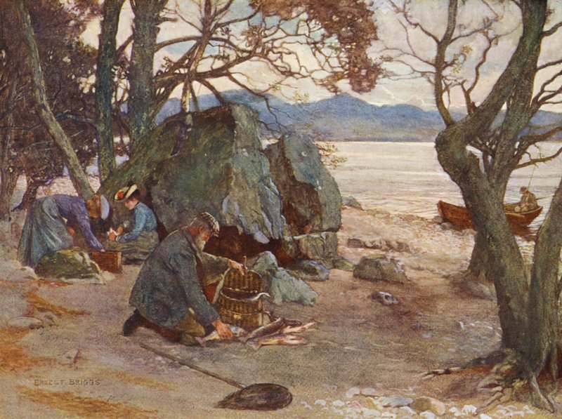 Frokosttid på Loch Awe (farvelitografi) af Ernest Edward Briggs