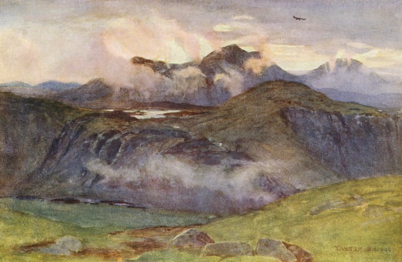 Merrick og Loch Enoch fra toppen af Corscrine (farvelitografi) af Ernest Edward Briggs