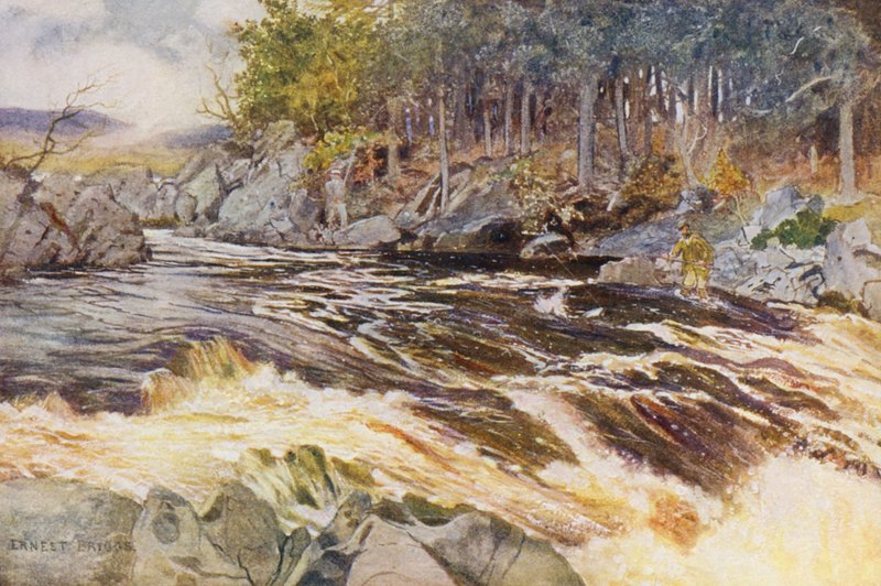 Laksefiskeri på Ken, et kritisk øjeblik (farvelitografi) af Ernest Edward Briggs