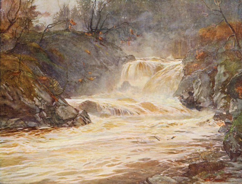 Lochay-vandfaldet i oversvømmelse (farvelitografi) af Ernest Edward Briggs