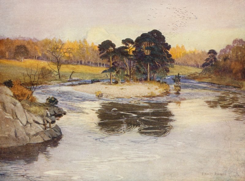 Øen med grantræer nedenfor Linn (farvelitografi) af Ernest Edward Briggs
