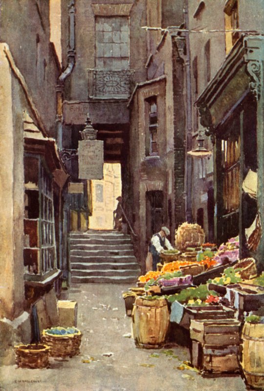 En Adelphi By-Way (farve litho) af Ernest William Haslehust