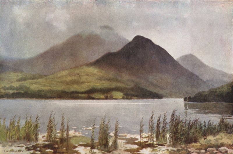 Bassenthwaite Lake og Skiddaw (farve litho) af Ernest William Haslehust