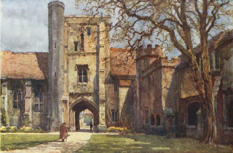 Beaufort Tower og Ambulatory St Cross (farve litho) af Ernest William Haslehust