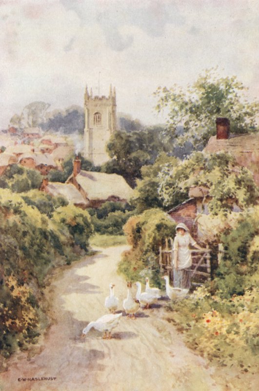 Bere Regis (farve litho) af Ernest William Haslehust