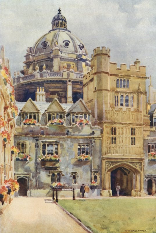 Brasenose College og Radcliffe Library Rotunda (farve litho) af Ernest William Haslehust