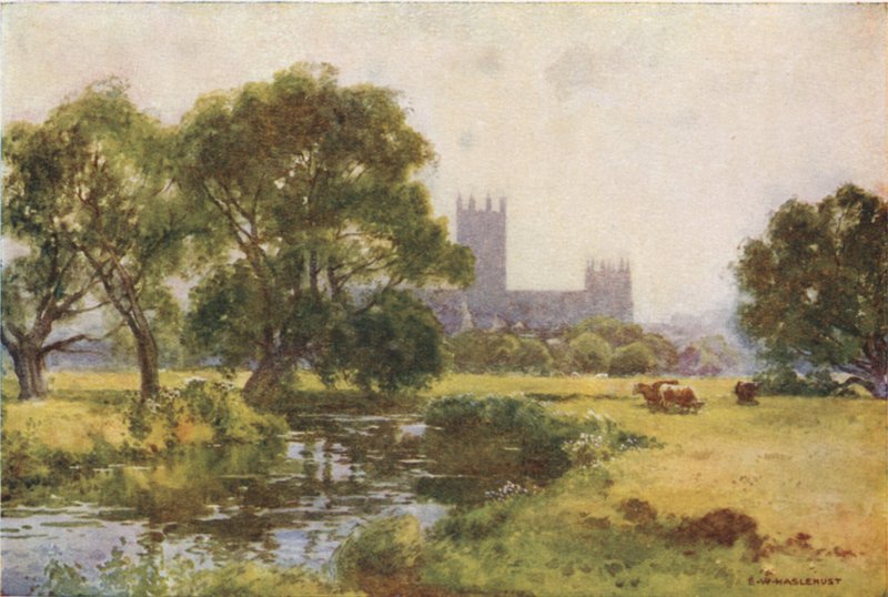 Canterbury fra Stour (farve litho) af Ernest William Haslehust