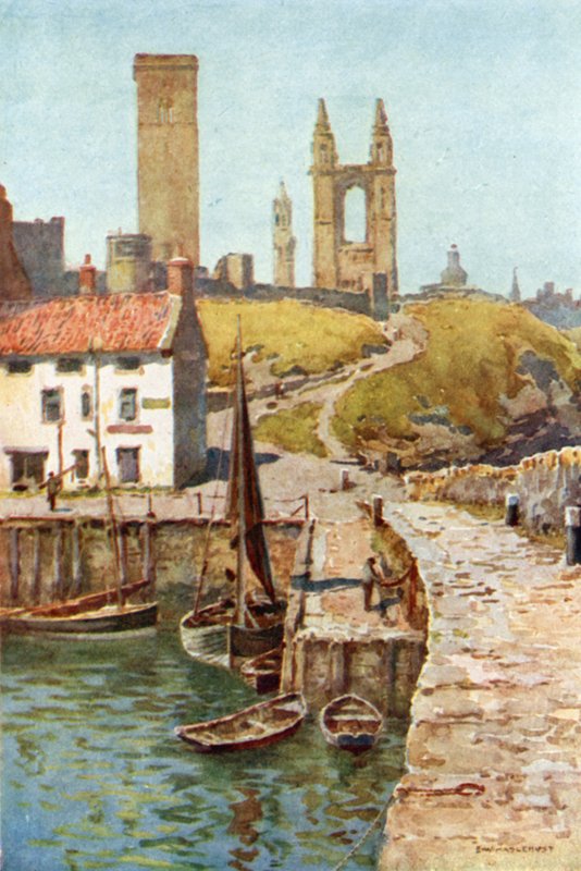 Cathedral Ruins, St. Andrews, Fra havnen (farve litho) af Ernest William Haslehust