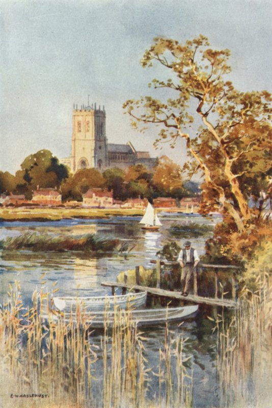 Christchurch Priory fra Wick Ferry (farve litho) af Ernest William Haslehust