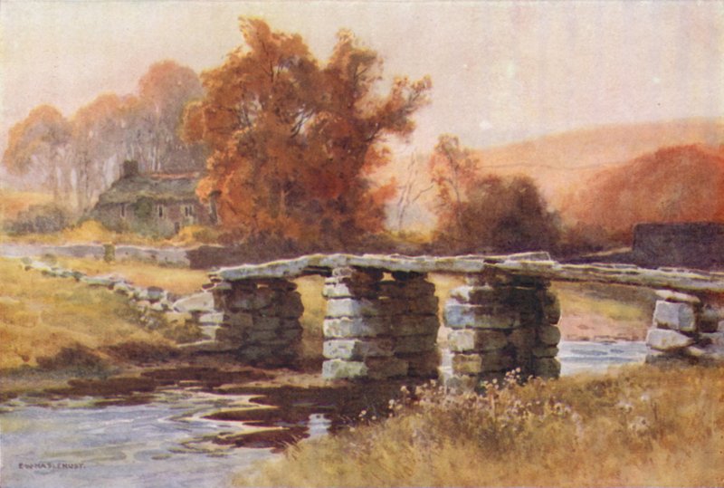 Clapper Bridge, Postbridge (farve litho) af Ernest William Haslehust