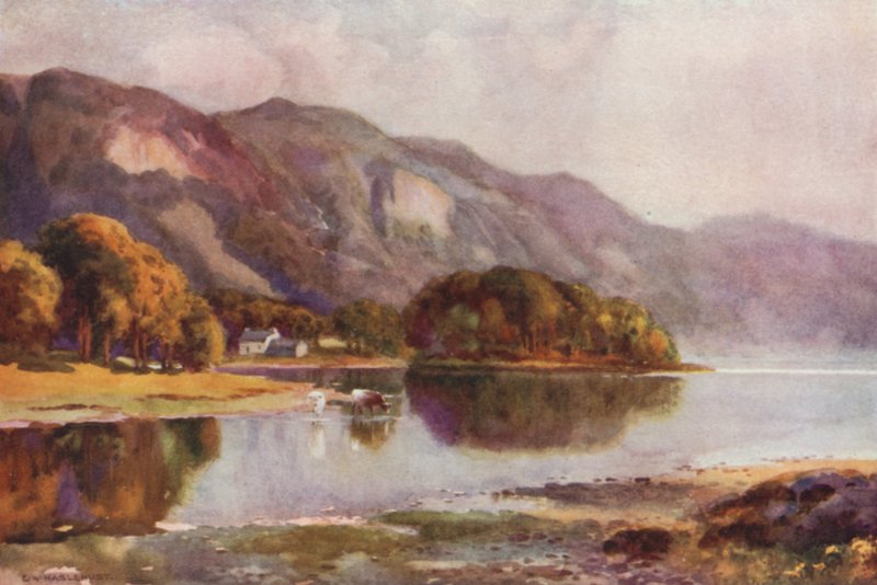 Derwentwater fra Friars Crag (farve litho) af Ernest William Haslehust