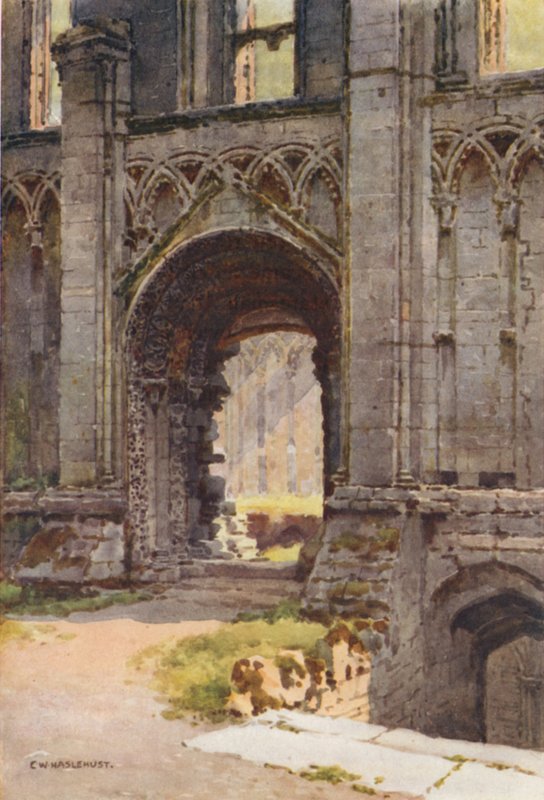 Døråbning til Chapel of St. Mary, Glastonbury Abbey (farve litho) af Ernest William Haslehust