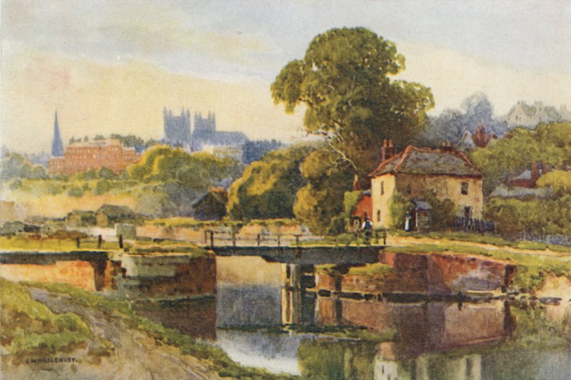 Exeter fra kanalen (farve litho) af Ernest William Haslehust