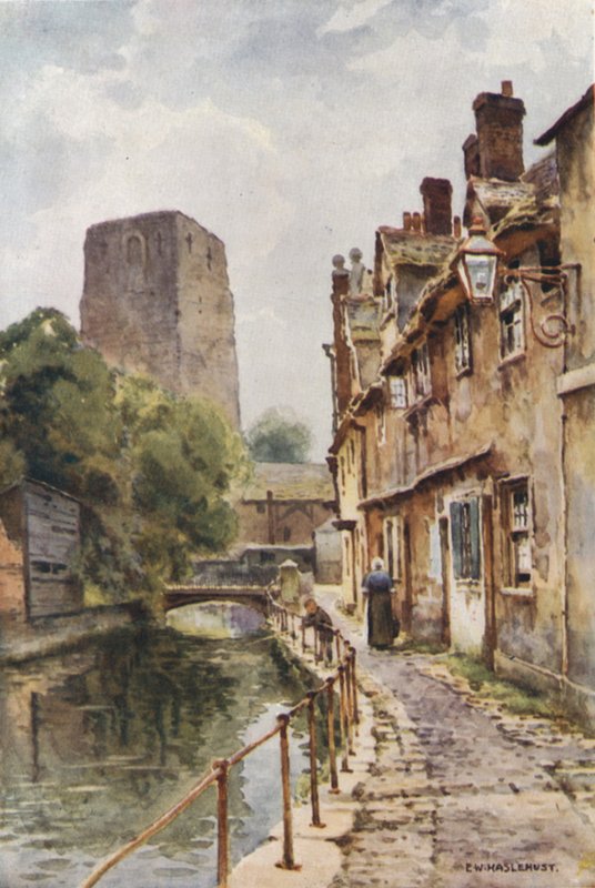 Fisher Row og Remains of Oxford Castle (farve litho) af Ernest William Haslehust