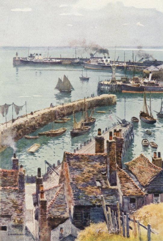 Folkestone Harbor fra Eastcliffe (farve litho) af Ernest William Haslehust