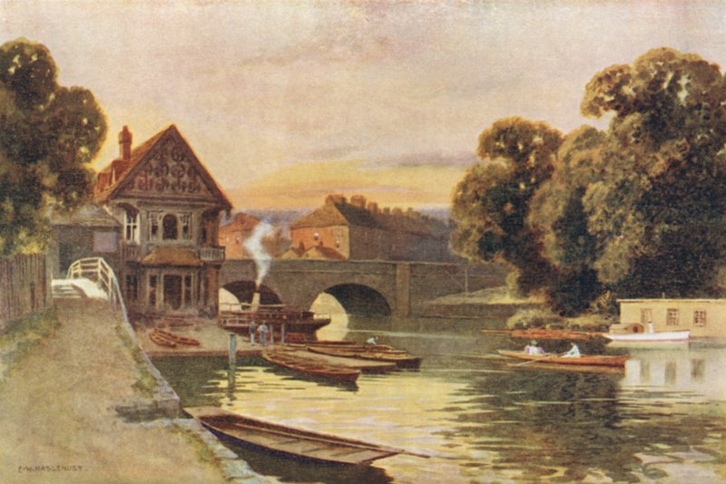 Folly Bridge, Oxford (farve litho) af Ernest William Haslehust