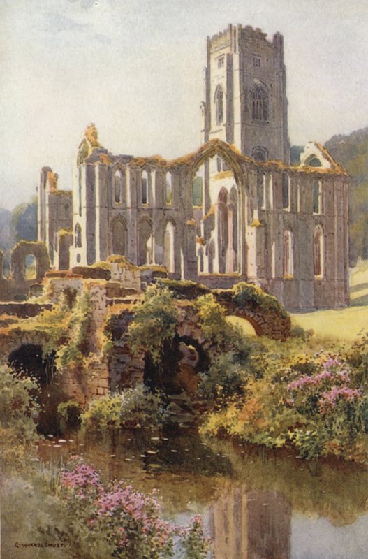 Fountains Abbey (farve litho) af Ernest William Haslehust