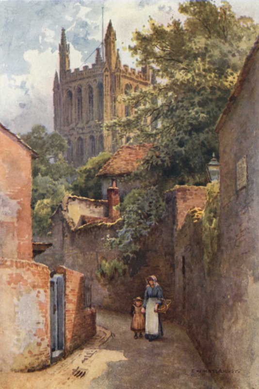 Gwynne Street fra stedet for Nell Gwynnes fødested (farve litho) af Ernest William Haslehust