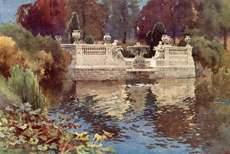 Lancaster Gate Fountain, Kensington Gardens (farve litho) af Ernest William Haslehust