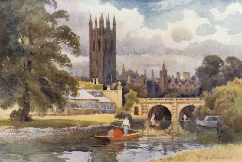 Magdalen College fra Cherwell (farve litho) af Ernest William Haslehust