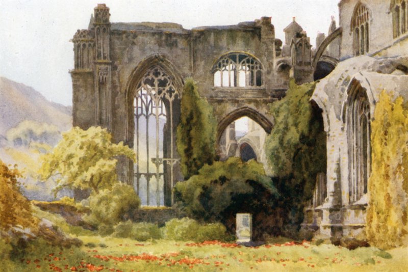 Melrose Abbey: Choir and North Transept (farve litho) af Ernest William Haslehust