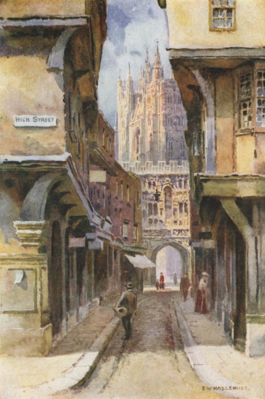 Mercery Lane (farve litho) af Ernest William Haslehust