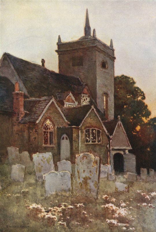 Minstead Church (farve litho) af Ernest William Haslehust