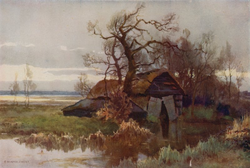 Old Boat-Houses, Barton Broad (farve litho) af Ernest William Haslehust