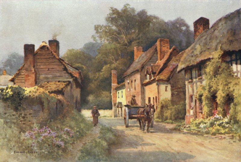 Gamle hytter, Fownhope (farve litho) af Ernest William Haslehust