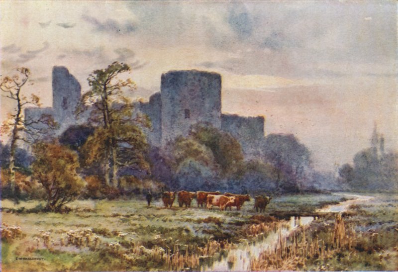 Pevensey Castle from the Meadows (farve litho) af Ernest William Haslehust