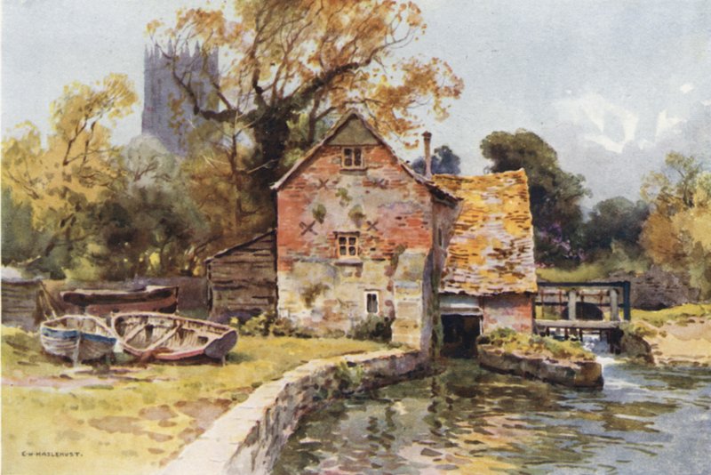 Place Mill, Christchurch (farve litho) af Ernest William Haslehust