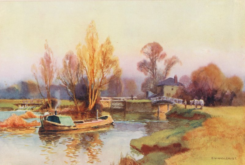 Themsen: Abingdon Lock (farvelitografi) af Ernest William Haslehust