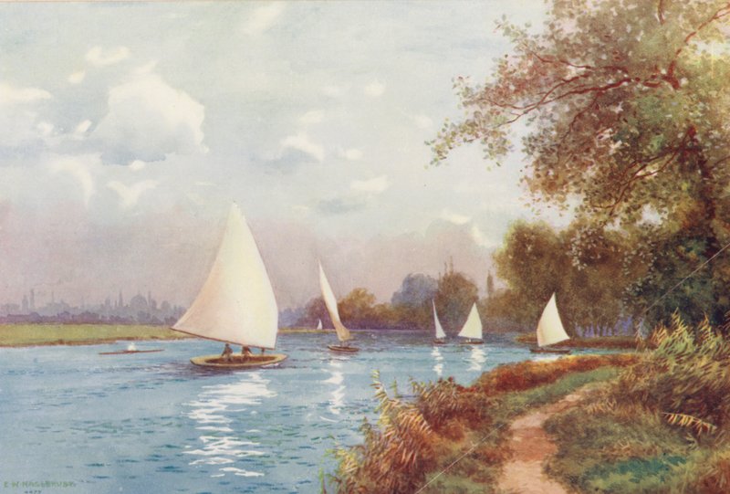 Themsen: Kennington Reach, Oxford (farvelitografi) af Ernest William Haslehust